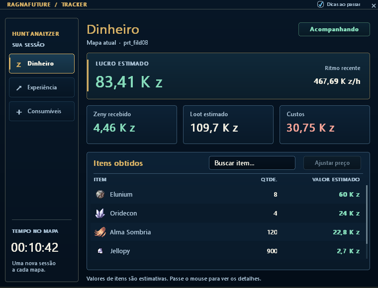 Tracker de Caça: exemplo da interface no cliente
